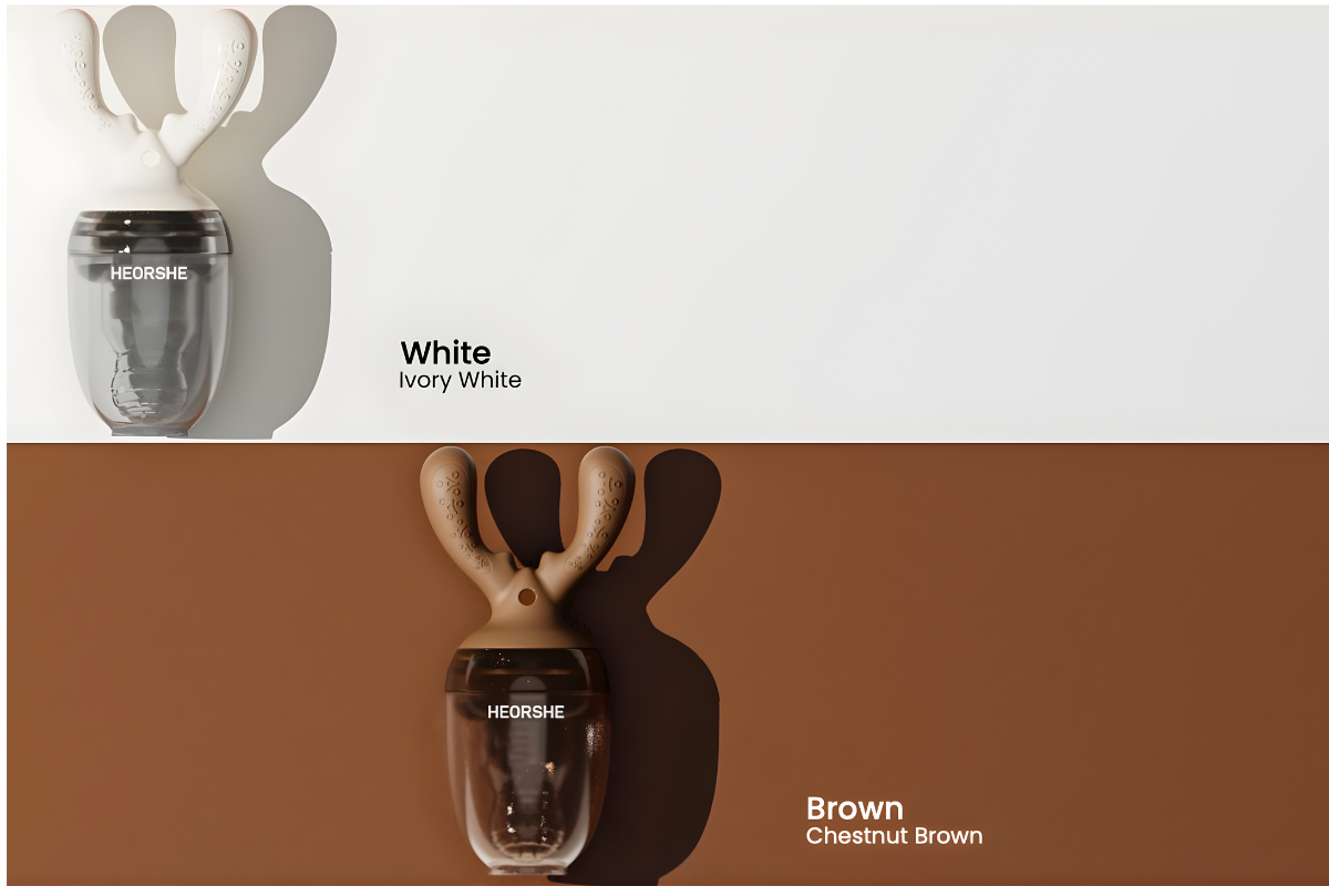 Two versions of a product, one white and one chestnut brown, on a plain background.